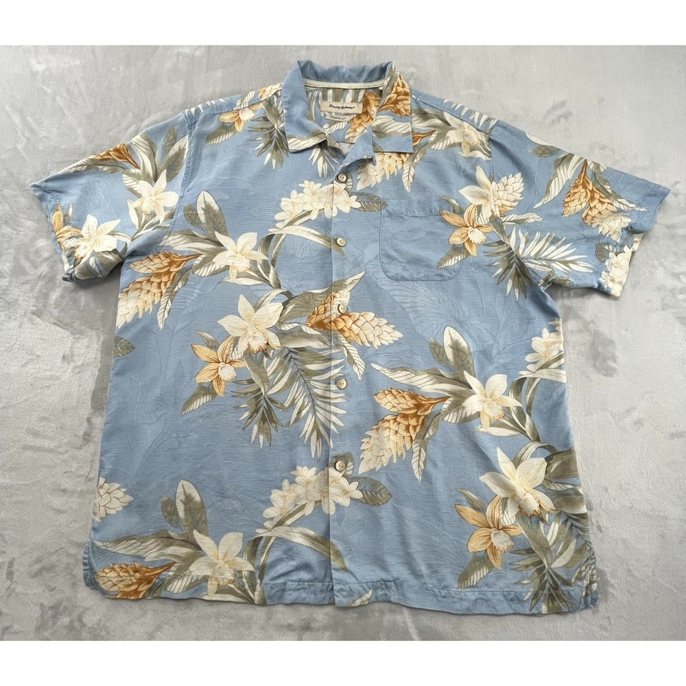 Tommy Bahama Hawaiian Shirt Men XL Blue Floral Original Fit 100% Silk Vacations